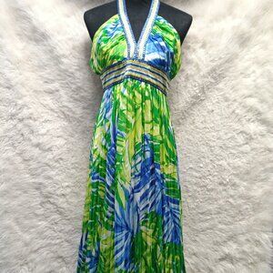 BCBG MaxAzria Women's 100% Silk Halter Sequin Embellished Maxi Dress Size 02